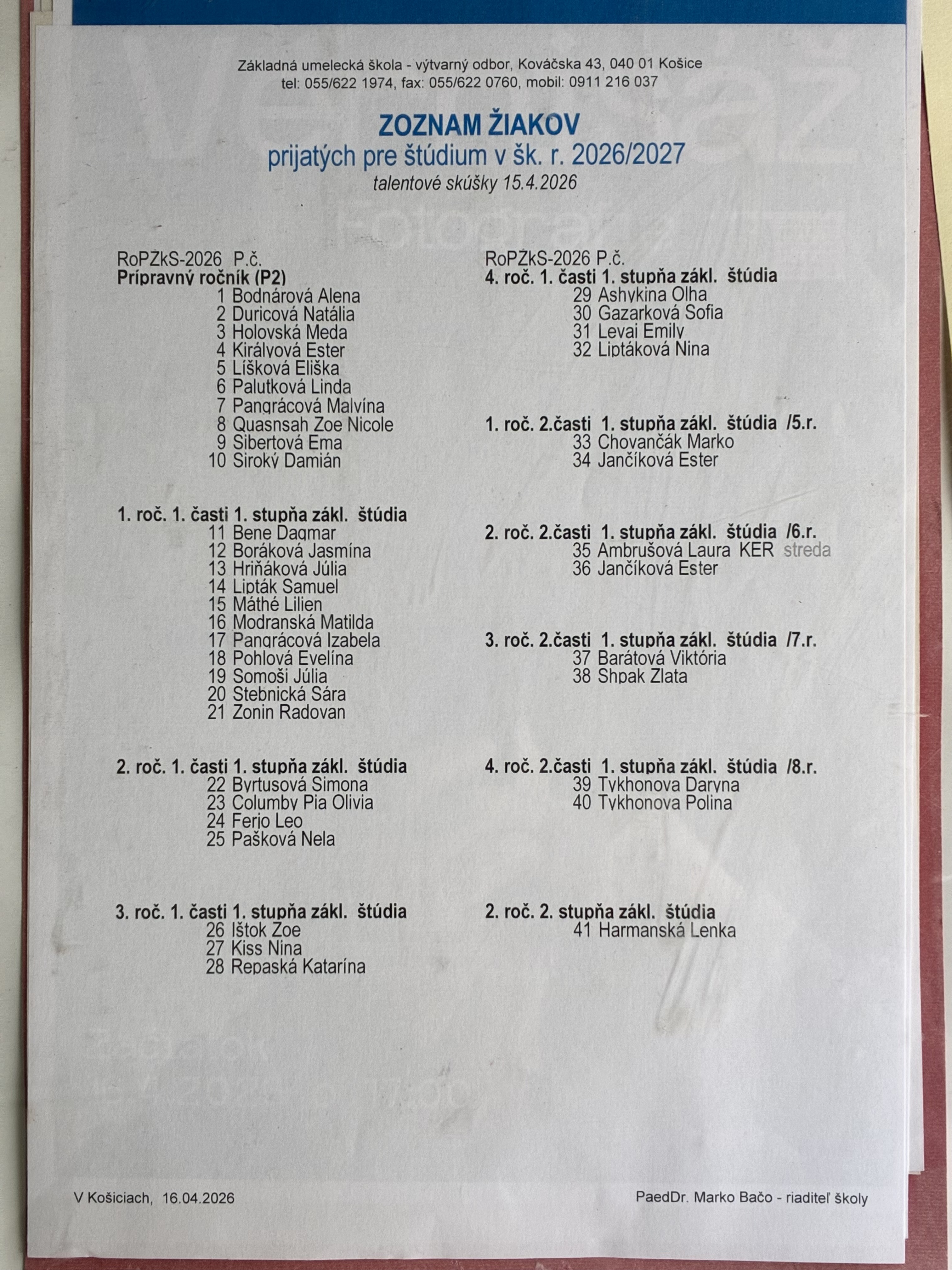 Zoznam ziakov prijatych pre skolsky rok 2026/2027 Zoznam ziakov prijatych pre skolsky rok 2026/2027