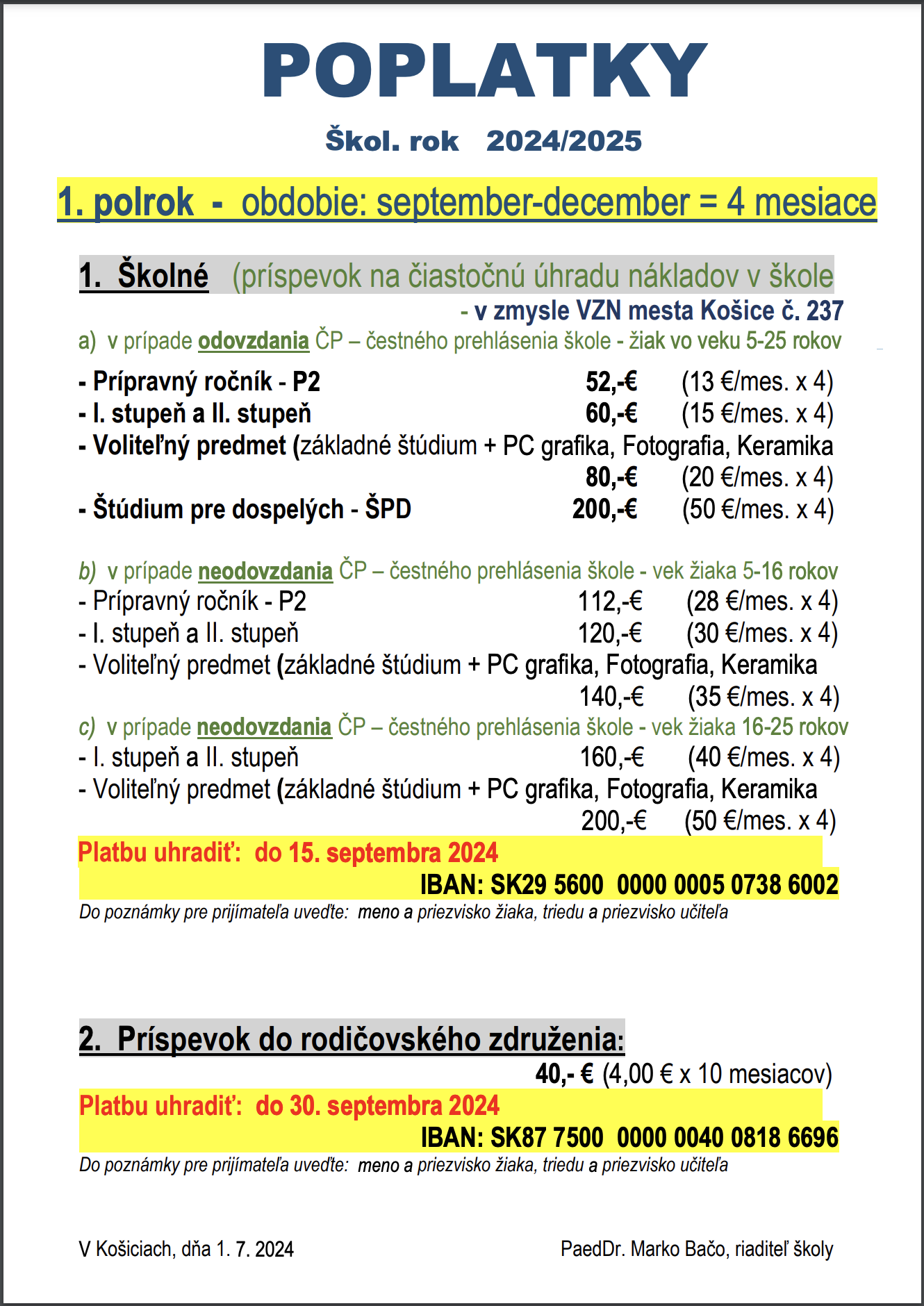 skolne 2024 - 25